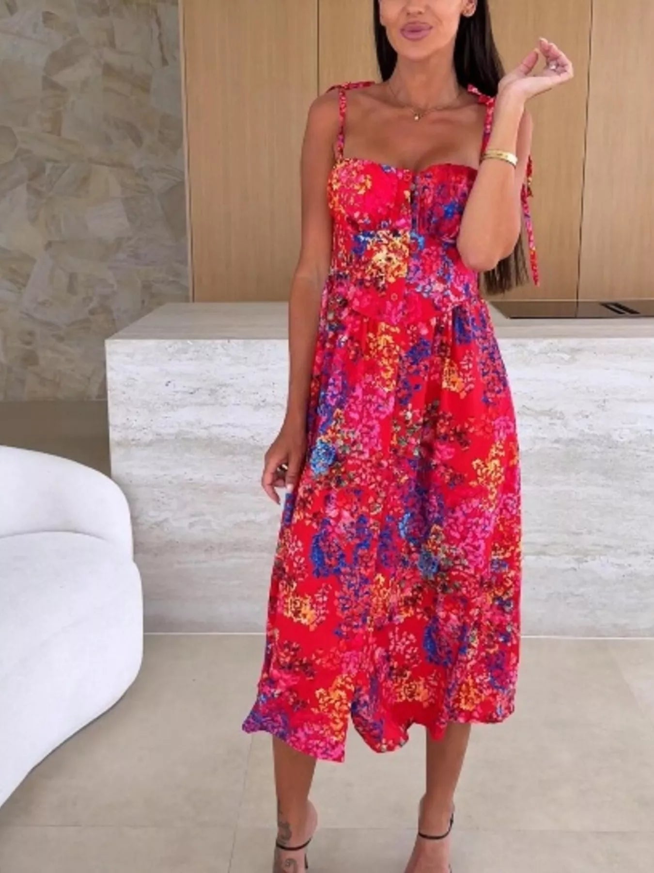 Women's Printed Tie-Strap Midi Dress