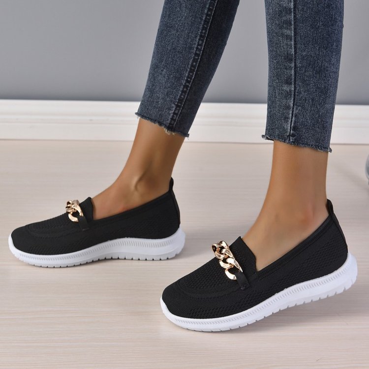 Women's Flyknit Chain-Detail Flat Sneakers | Breathable Mesh Walking Shoes