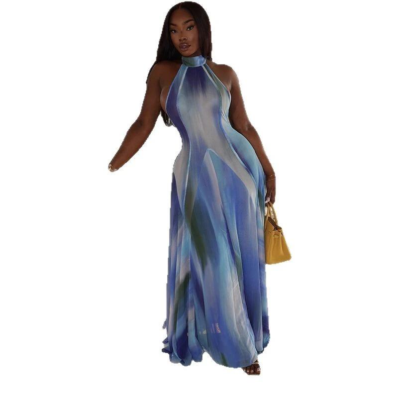 Women's Printed Gradient Color Stand Collar Long Sleeve Slim Fit Dress