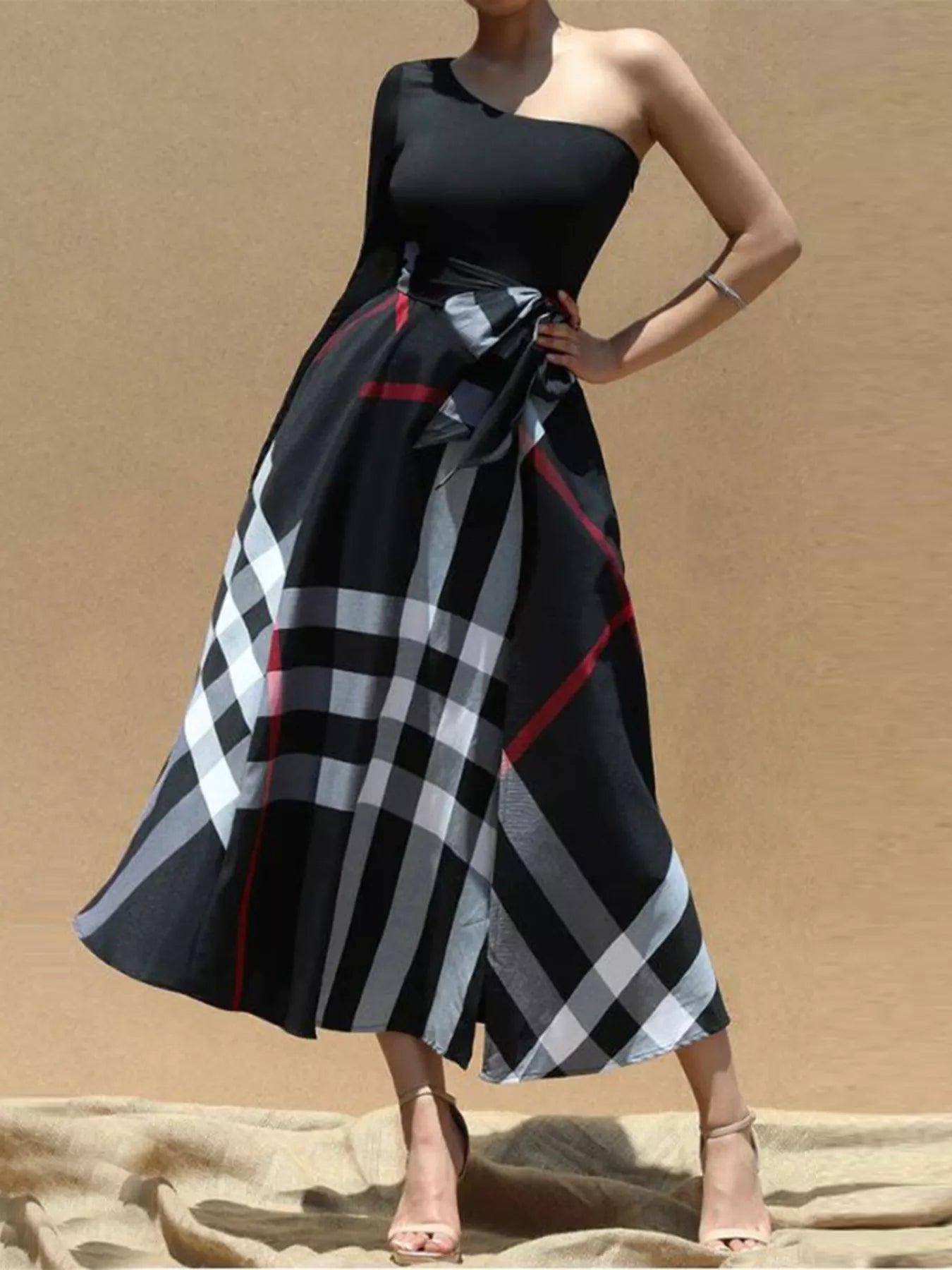 Women's Asymmetrical One-Sleeve Plaid Midi Dress with Waist Tie