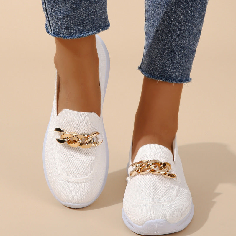Women's Flyknit Chain-Detail Flat Sneakers | Breathable Mesh Walking Shoes