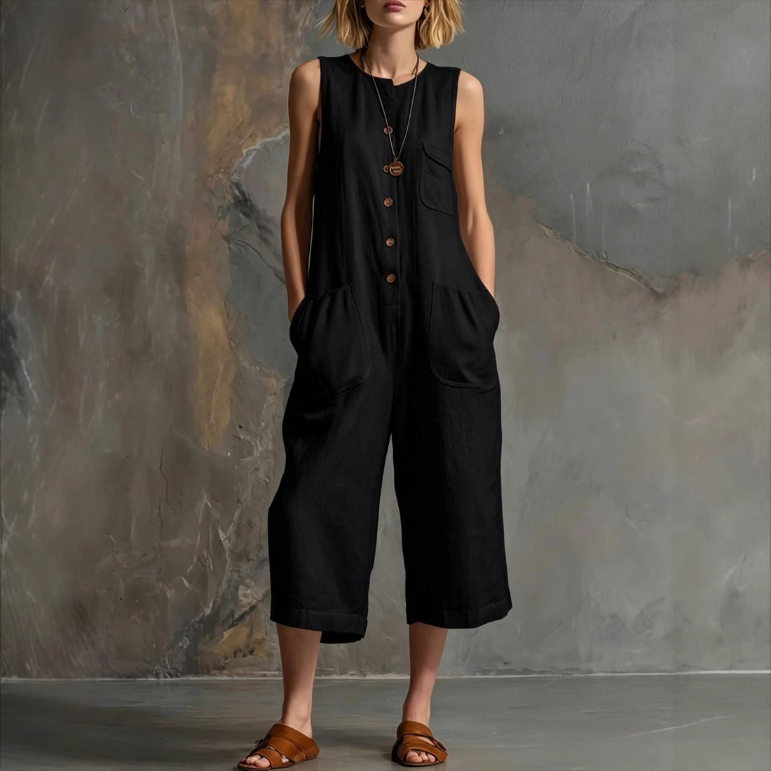 Women's Retro Sleeveless Cotton-Linen Wide-Leg Cropped Jumpsuit