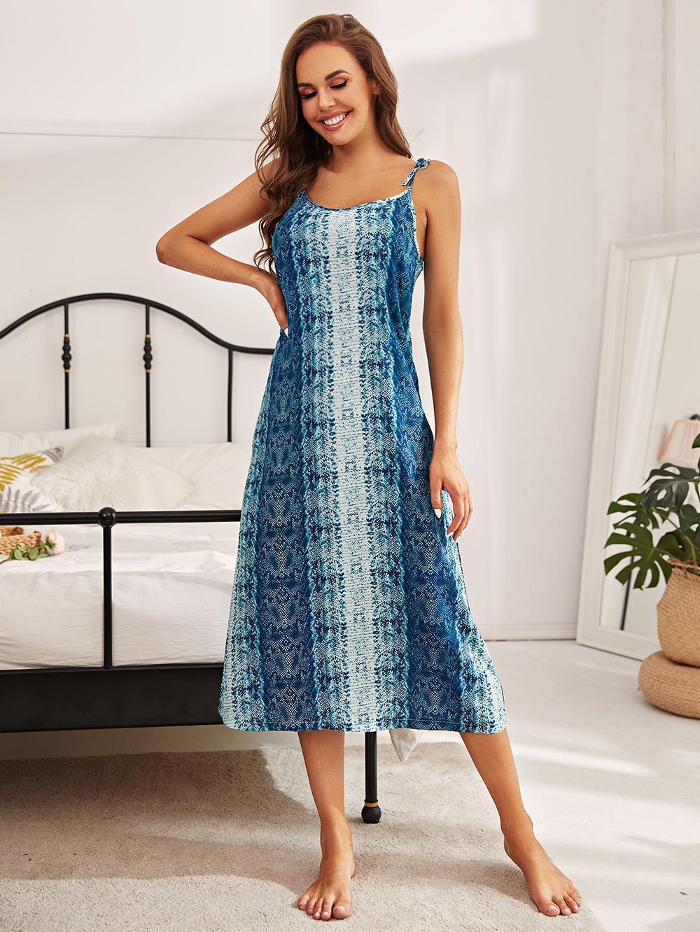 Women's Printed Tie Shoulder Midi Night Dress