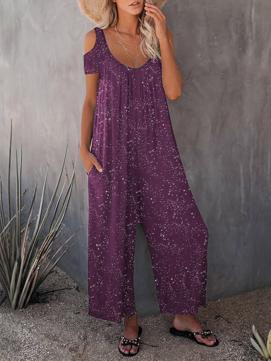 Fashionable Off-shoulder Sexy Powder-dusting Strap Jumpsuit With Long Pants