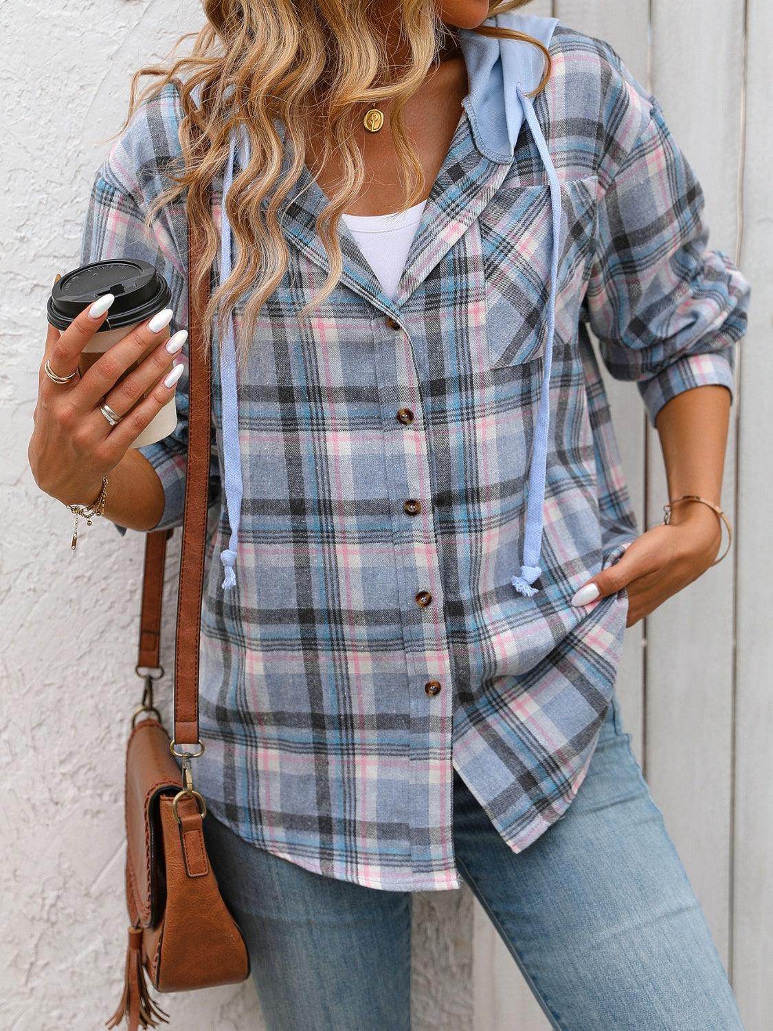 Plaid Long Sleeve Hooded Jacket for Women with Pockets