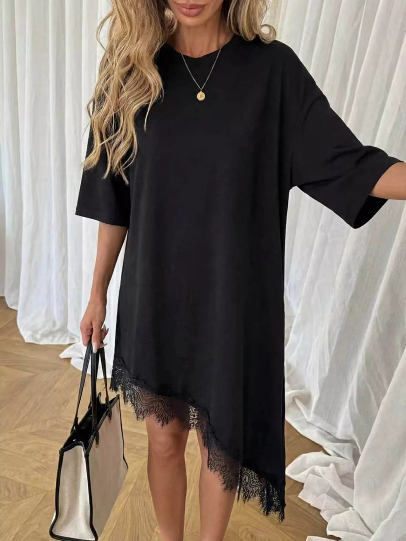 Women's Lace Trim Asymmetrical Hem T-shirt Dress