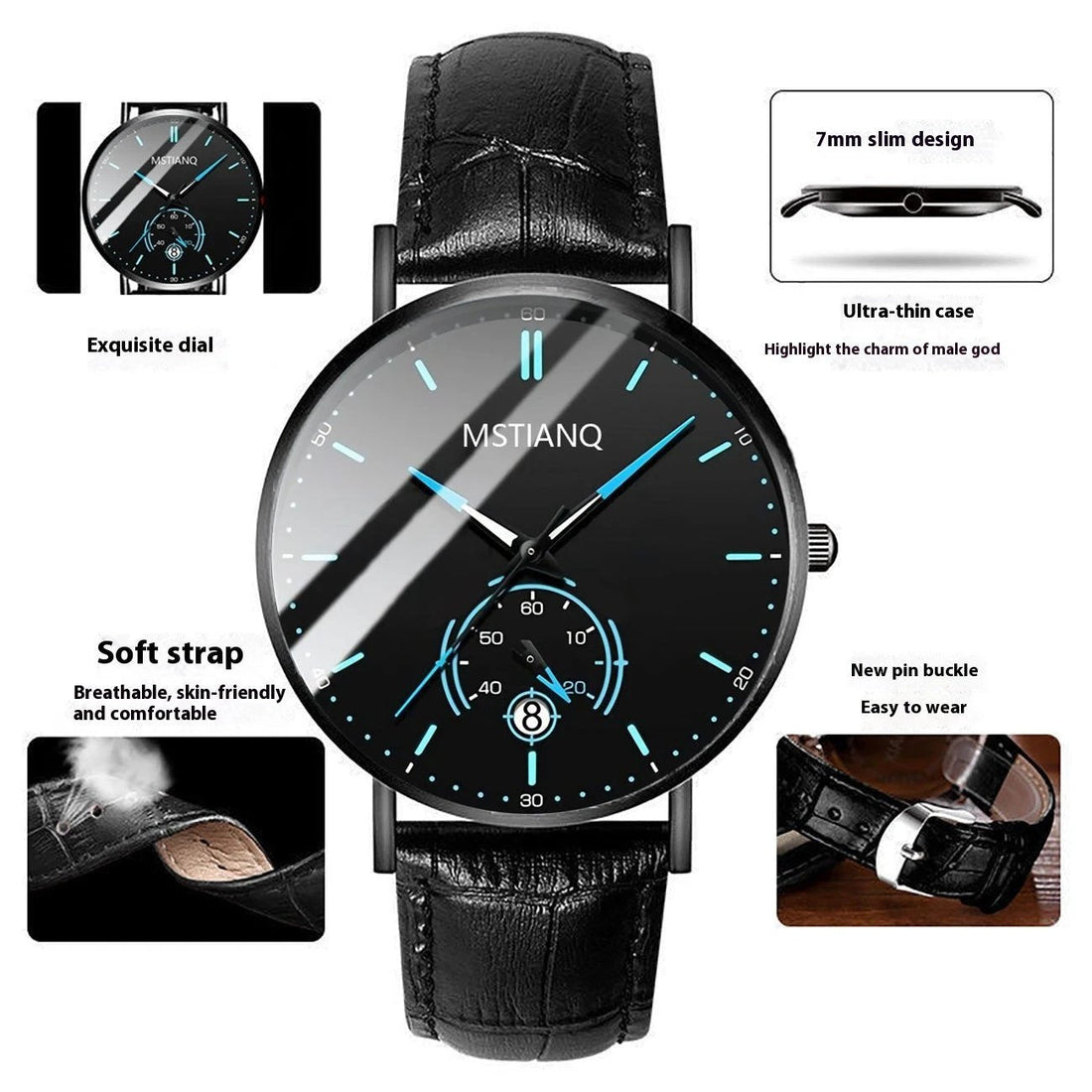 Stylish Black Technology Belt Refined Steel Casual Calendar Watch