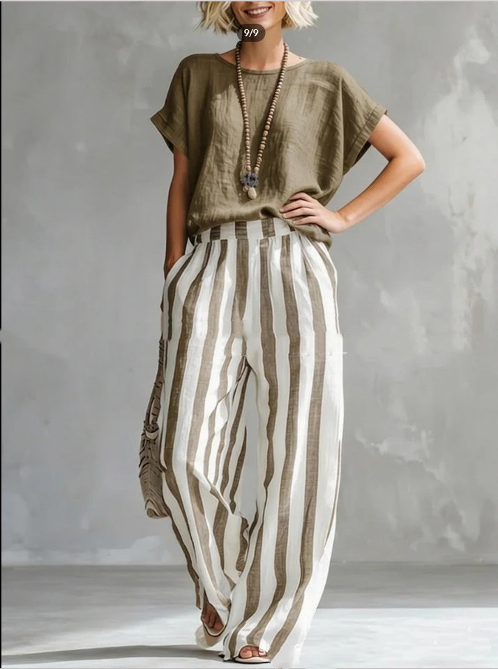 Women's Short-sleeved Trousers Suit Summer Fashion Round Neck Pullover T-Shirt And Striped Print Straight Leg Pants Two-Piece Clothing For Women