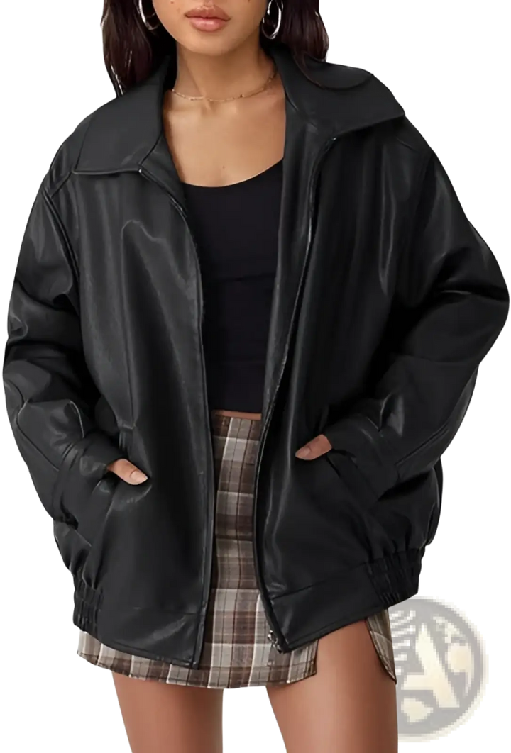 Faux Leather Motorcycle Jacket Plus Size Women's Bomber