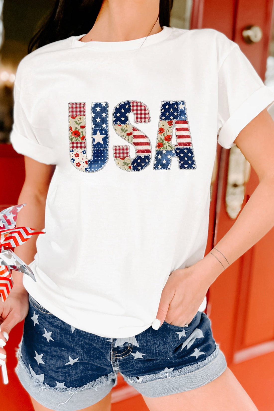 White USA Faux Patchwork Graphic Tee