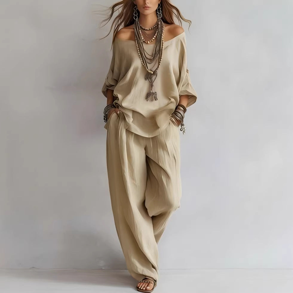Chiffon Puff-Sleeve Top & Wide-Leg Pants Set – 15 Colors