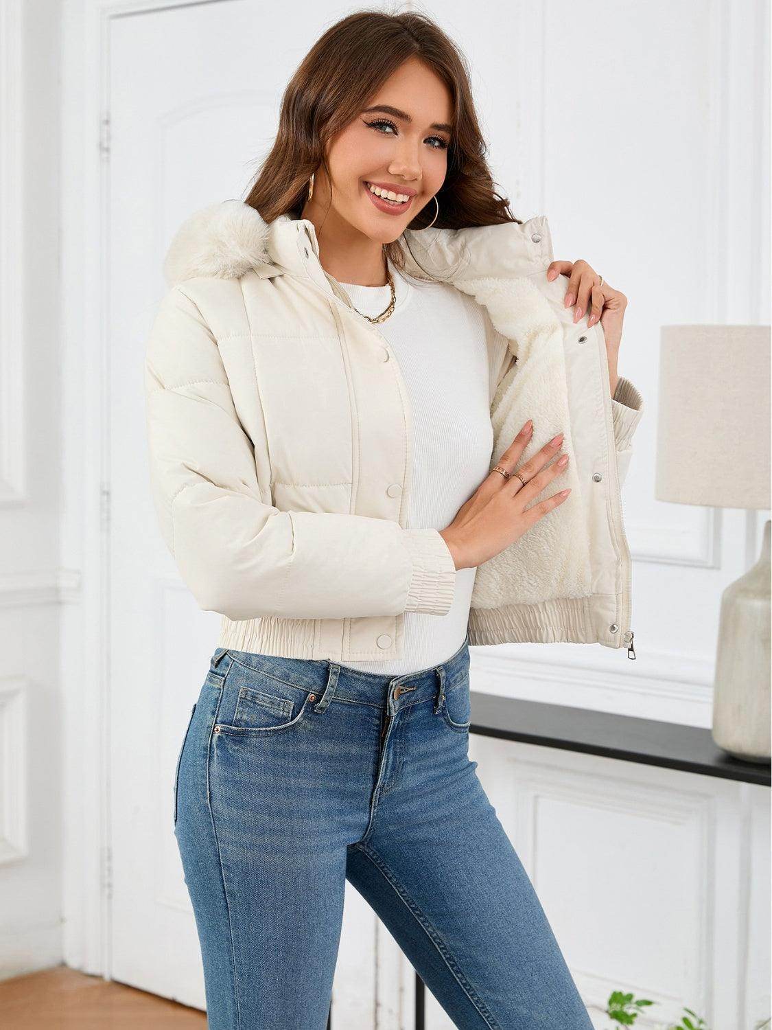 Pocketed Long Sleeve Cropped Hooded Winter Coat for Women