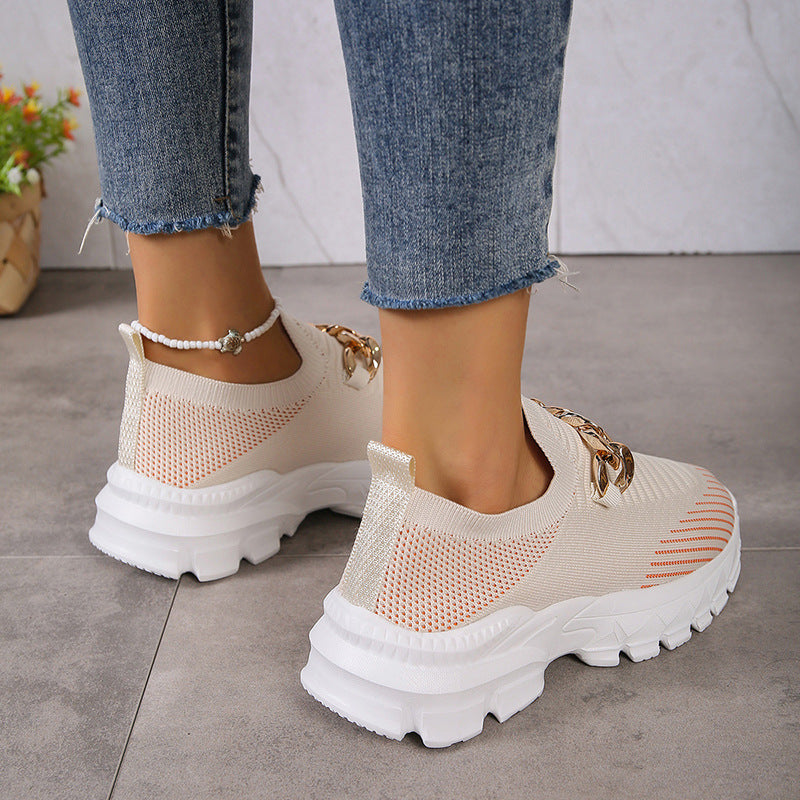 Women's Slip-On Platform Flat Shoes | Breathable Knit Chunky Sole Casual Sneakers