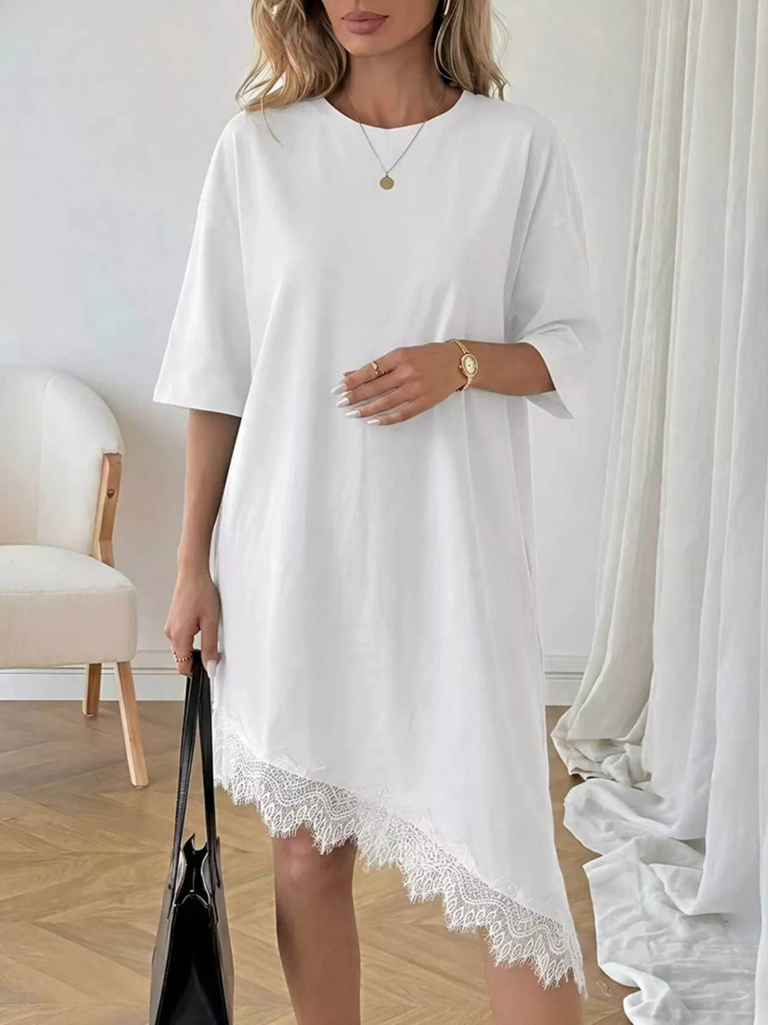 Women's Lace Trim Asymmetrical Hem T-shirt Dress