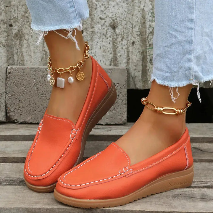 Women's Slip on Pu Leather Loafers with Contrast Stitching