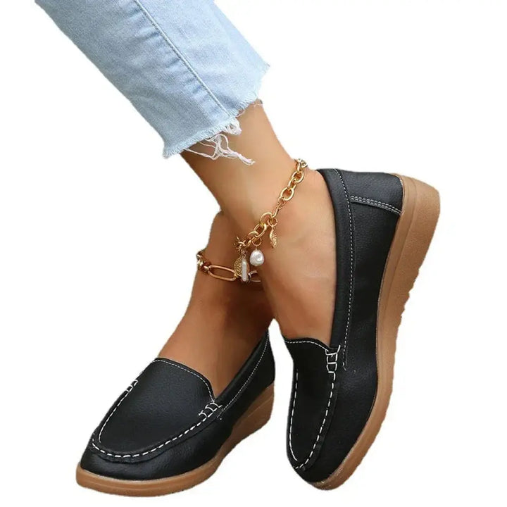 Women's Slip on Pu Leather Loafers with Contrast Stitching