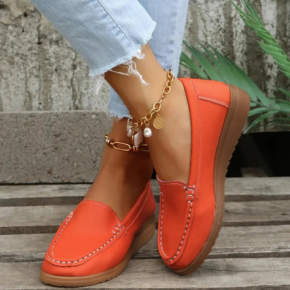 Women's Slip on Pu Leather Loafers with Contrast Stitching
