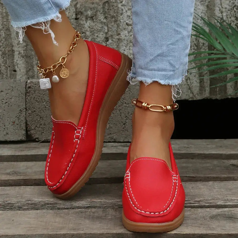 Women's Slip on Pu Leather Loafers with Contrast Stitching