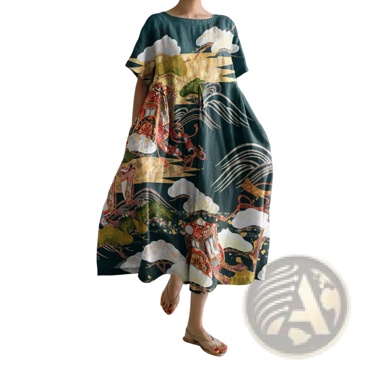 Floral Print A-line Plus Size Linen Maxi Dress