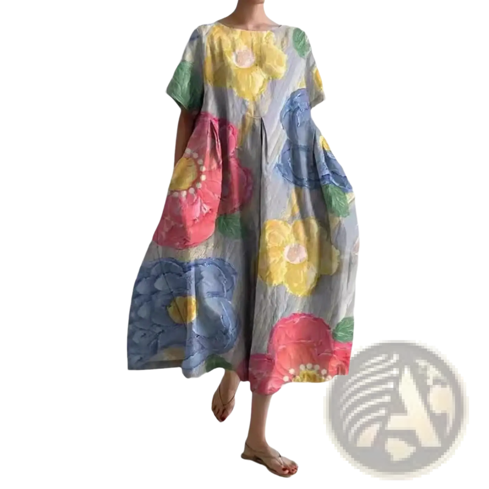 Floral Print A-line Plus Size Linen Maxi Dress