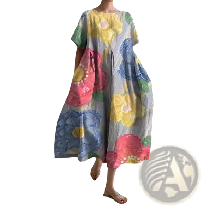 Floral Print A-line Plus Size Linen Maxi Dress