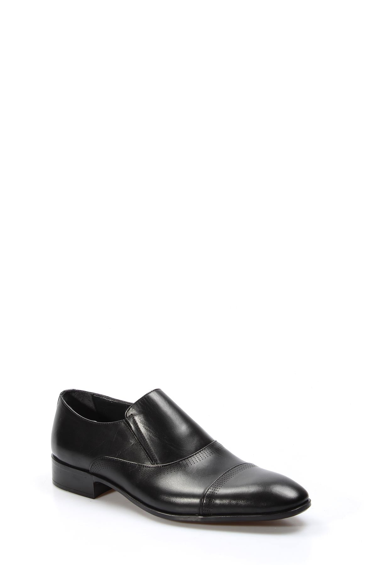 Men's Black Leather Slip-On Dress Shoes with Cap Toe - Wessi