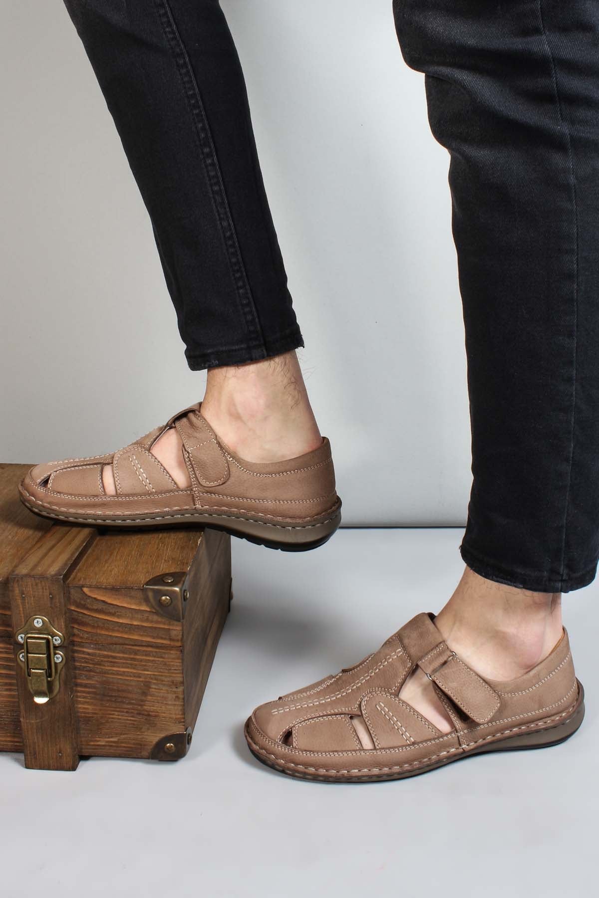 Men's Beige Leather Sandal Shoes - Wessi