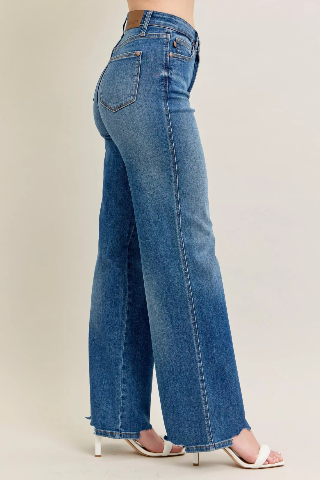 Judy Blue Full Size High Waist Tummy Control Chew Hem Destroy Wide Jeans Plus Size