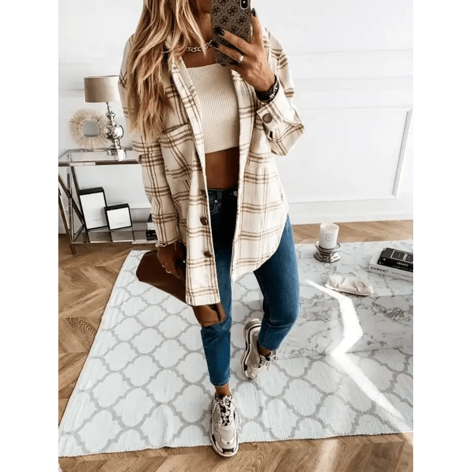 Luxurious Fashionable Women's Long Sleeve Plaid Shirt Coats Top Spring Autumn Casual Lapel Cardigan ,Jackets ,Outerwear,Streetwear