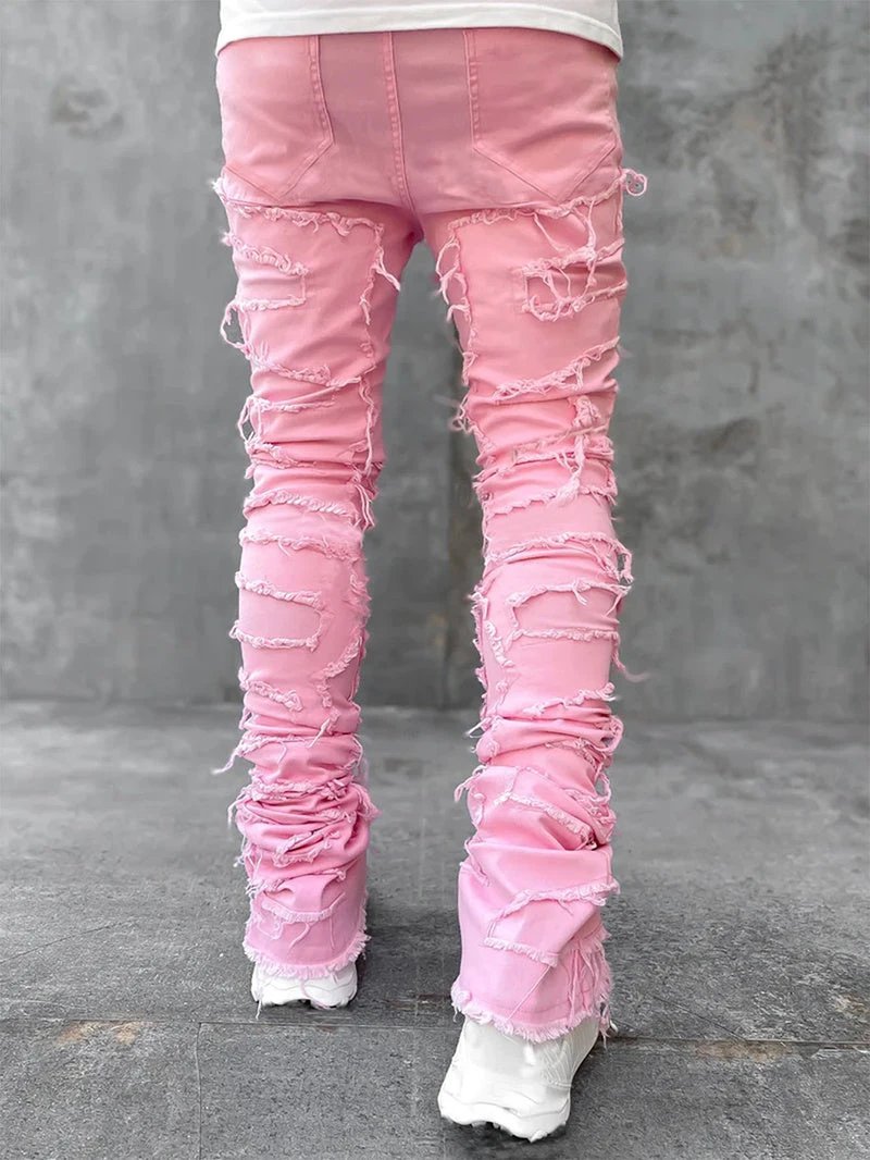 Men's Stacked Jeans - Individual Patched, Long Tight Fit Trousers for Bold Style