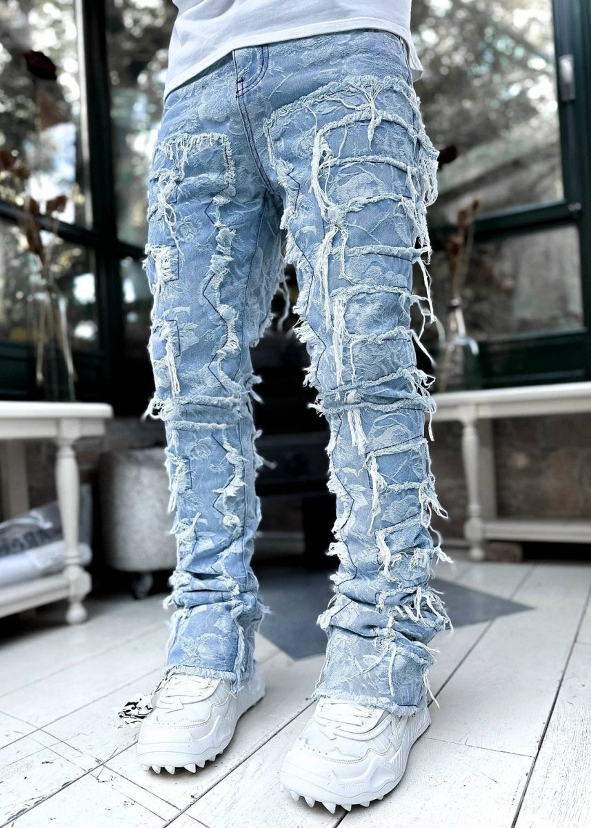Men's Stacked Jeans - Individual Patched, Long Tight Fit Trousers for Bold Style