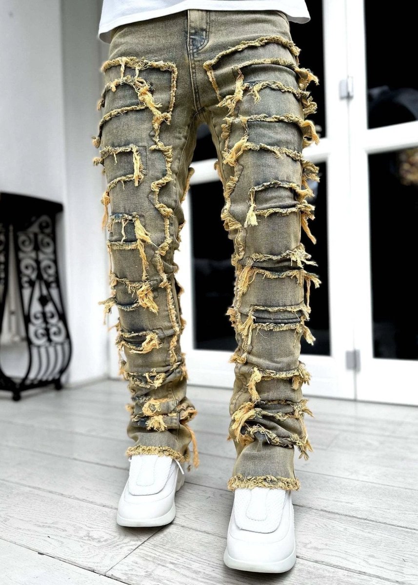 Men's Stacked Jeans - Individual Patched, Long Tight Fit Trousers for Bold Style