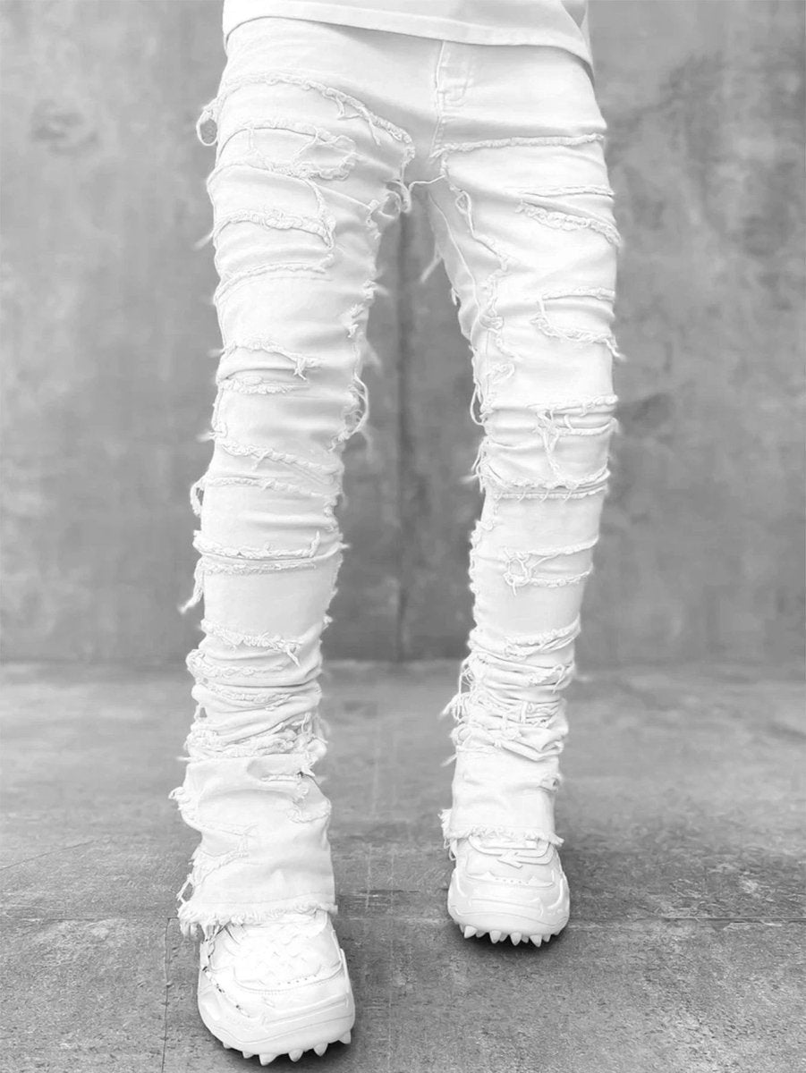Men's Stacked Jeans - Individual Patched, Long Tight Fit Trousers for Bold Style