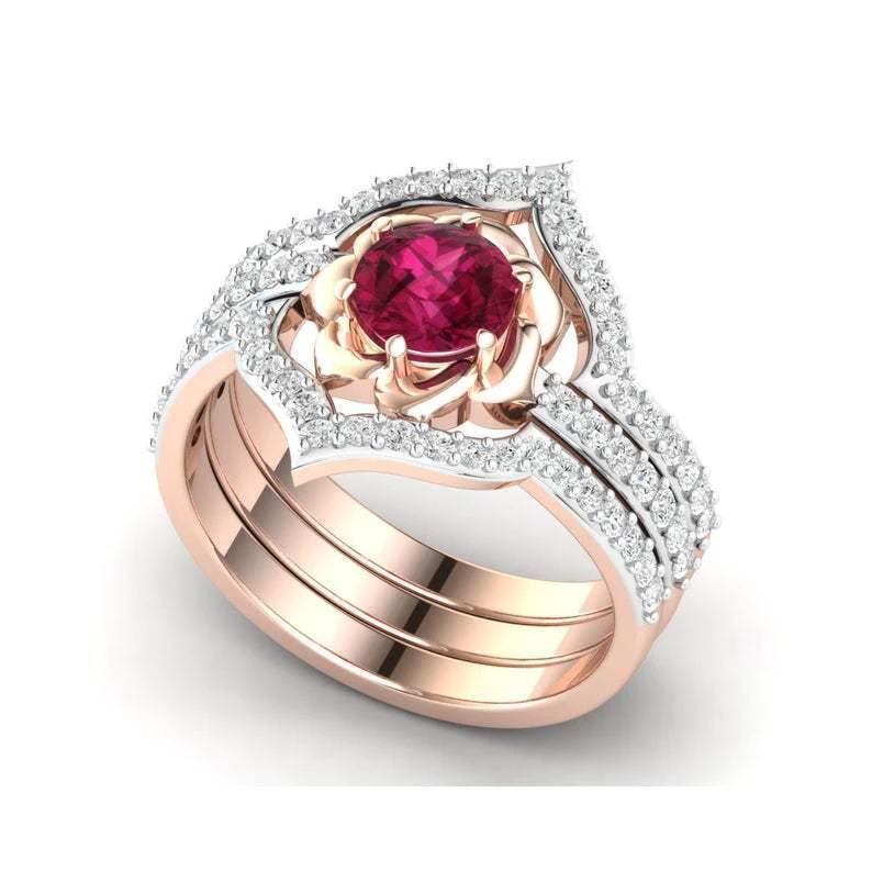 Rose Gold Flower Ring - Exquisite Engagement Wedding Band Set