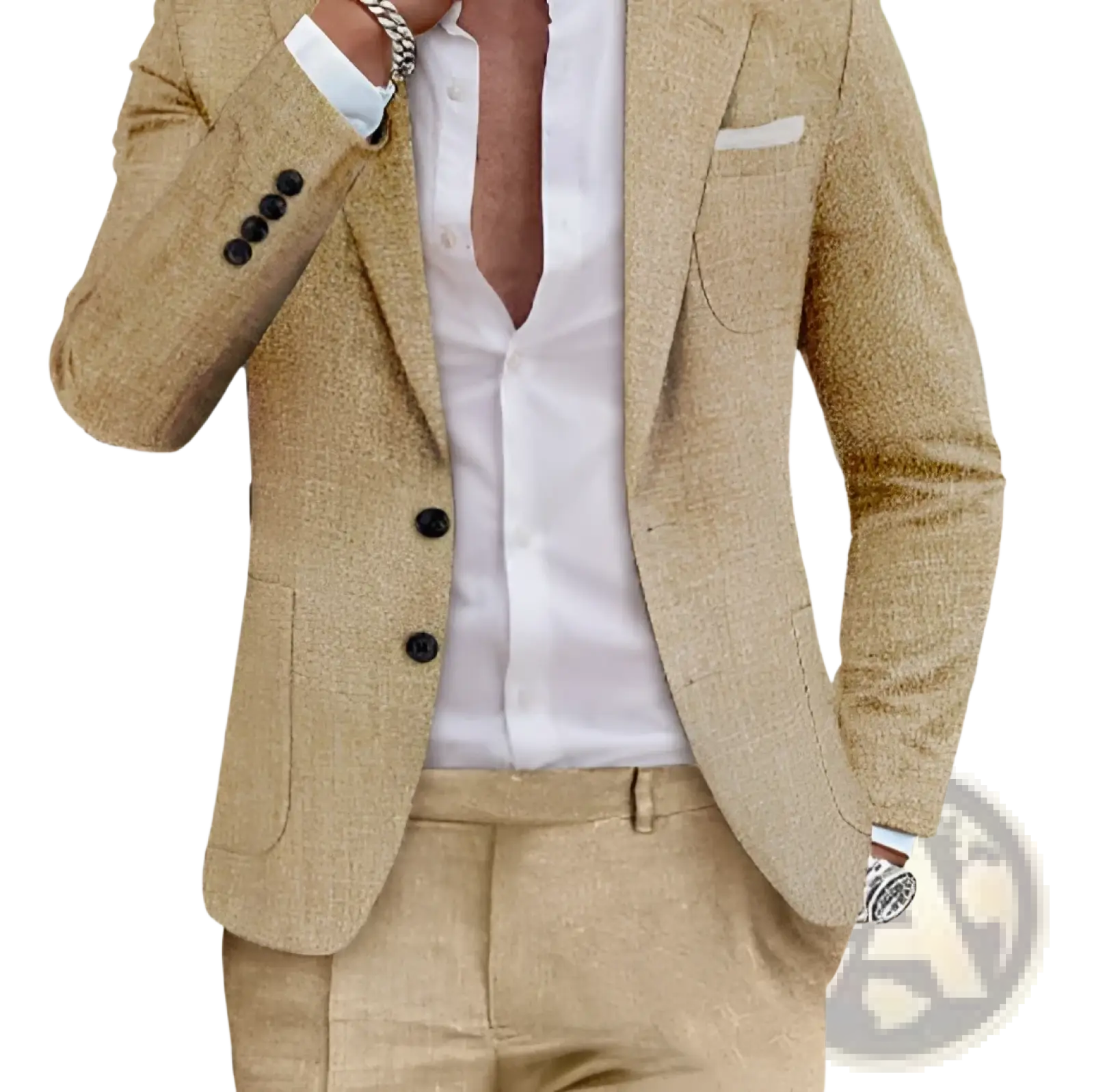 Men Beige Linen Two Piece Suit