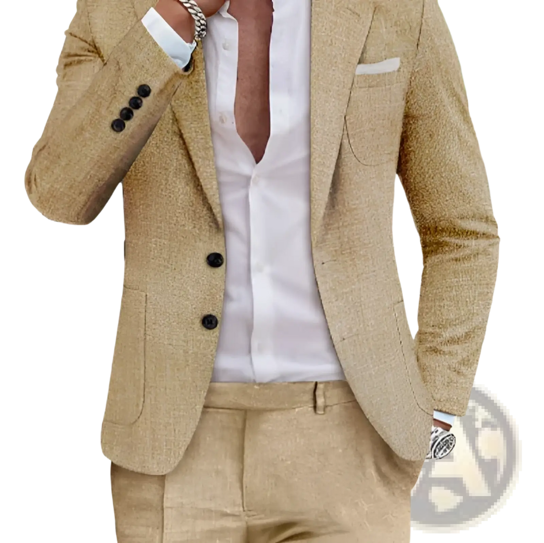 Men Beige Linen Two Piece Suit