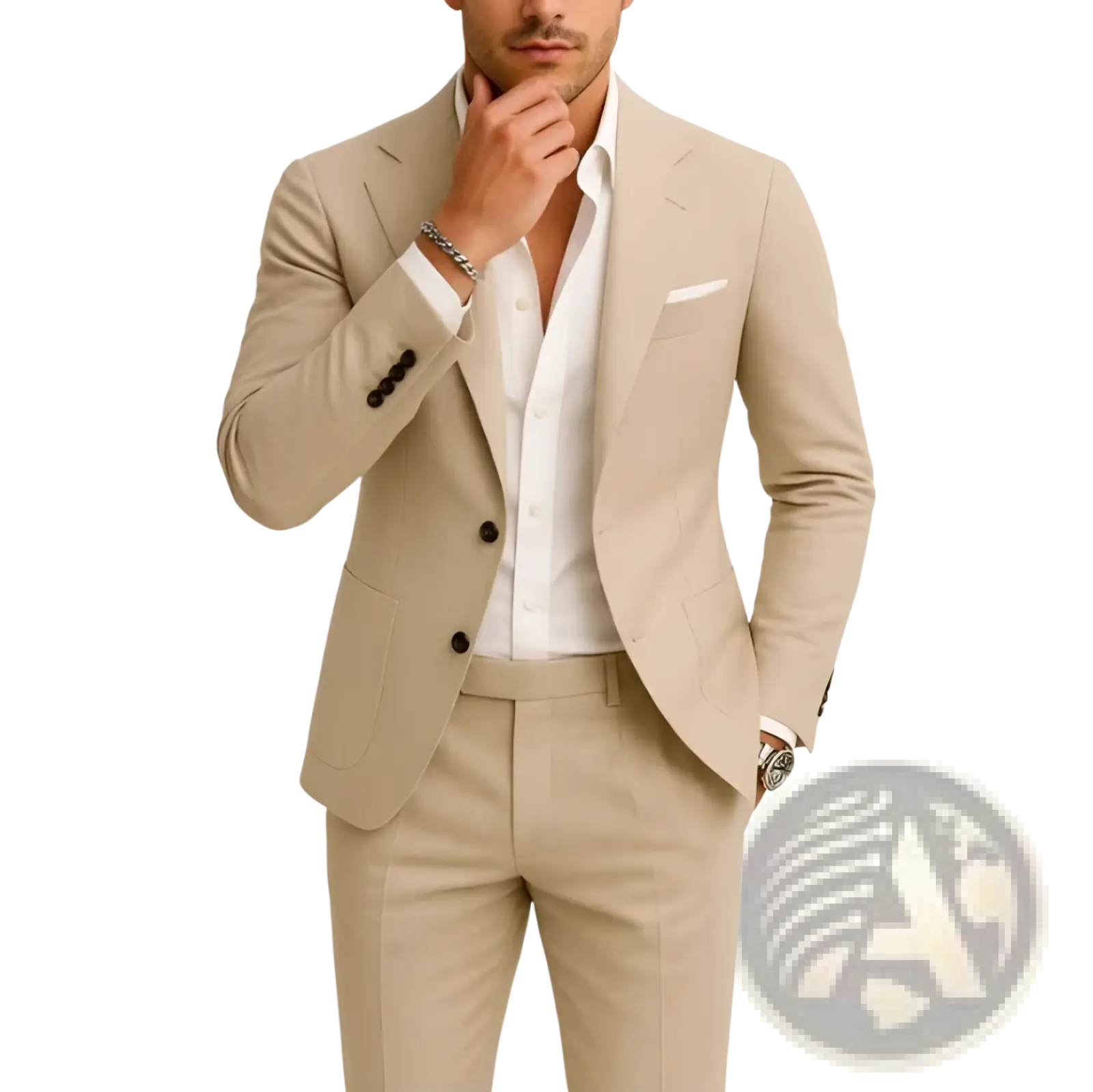 Men Beige Linen Two Piece Suit