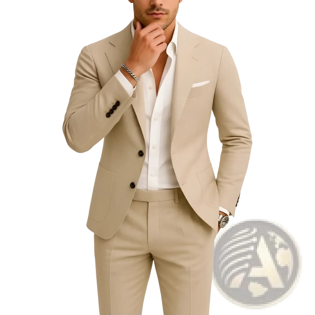 Men Beige Linen Two Piece Suit
