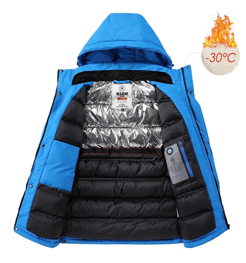 Men Blue Winter Outdoor Jacket New Ski Snow Warm Jacket Coat New Design Stylish Men's Breathable Jacket Comfortable Casual Hooded Waterproof Thick Fleece Jackets For Men Detachable Hood Jacket