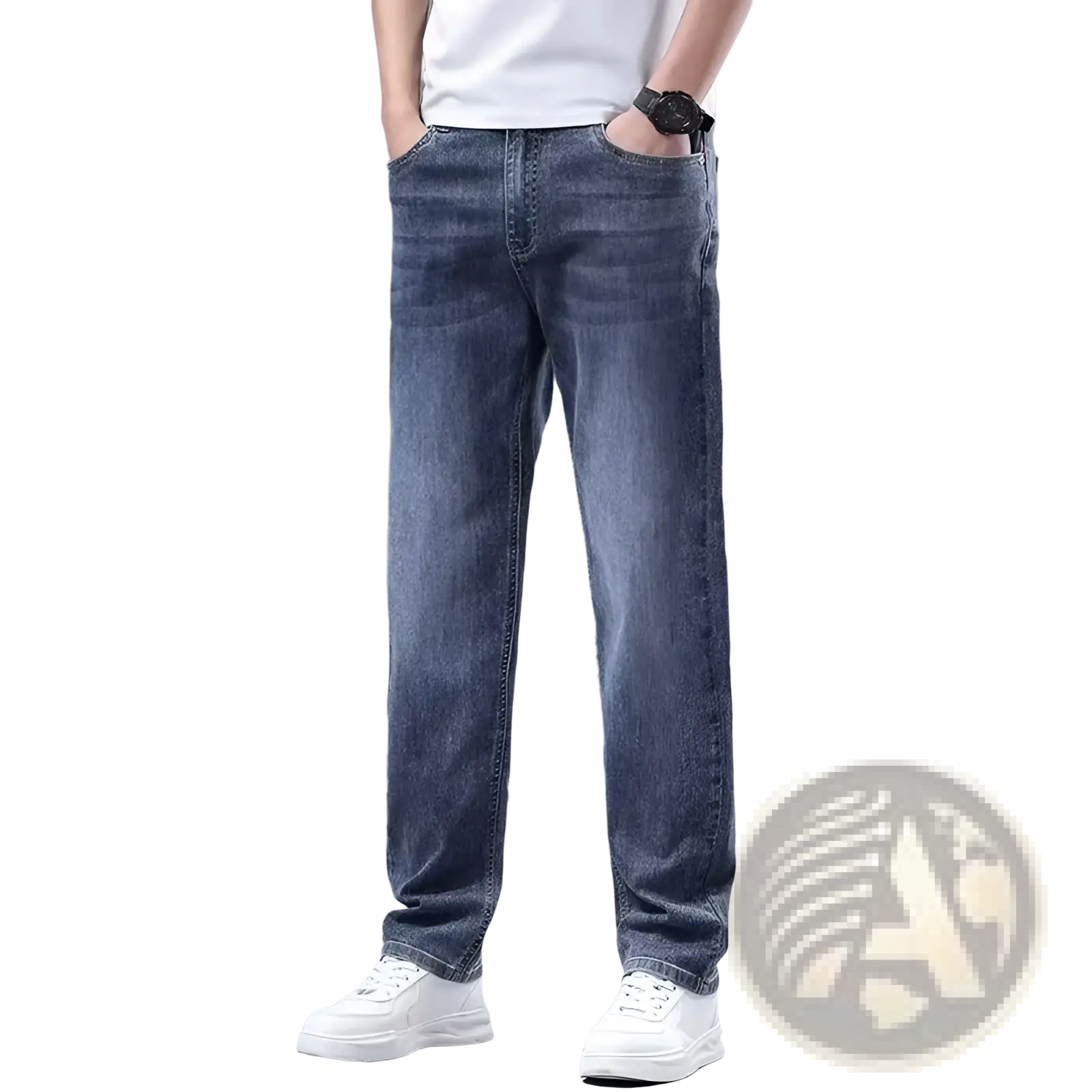 Men Fleece Lined Winter Jeans Loose Straight Denim Pants