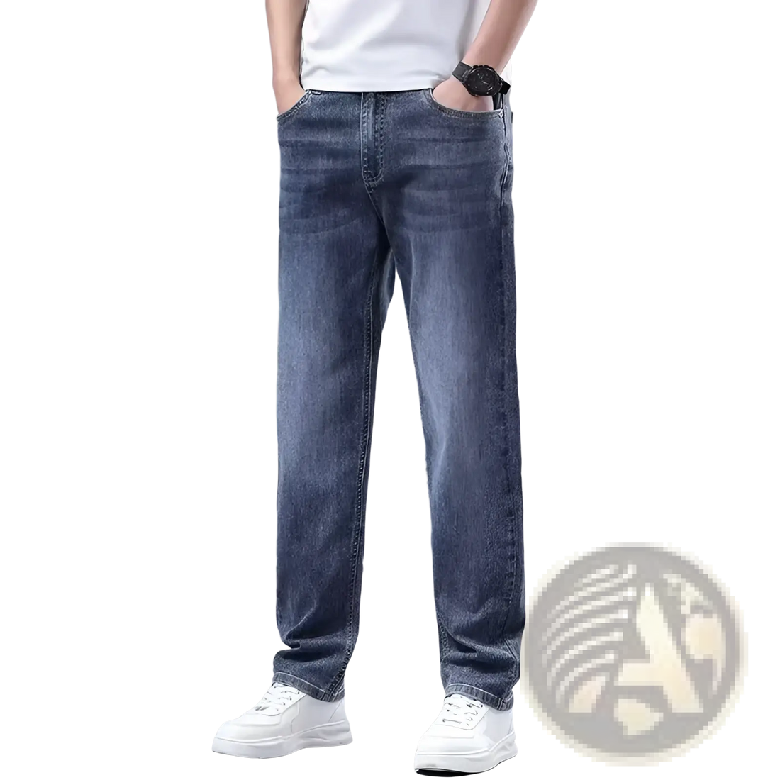 Men Fleece Lined Winter Jeans Loose Straight Denim Pants