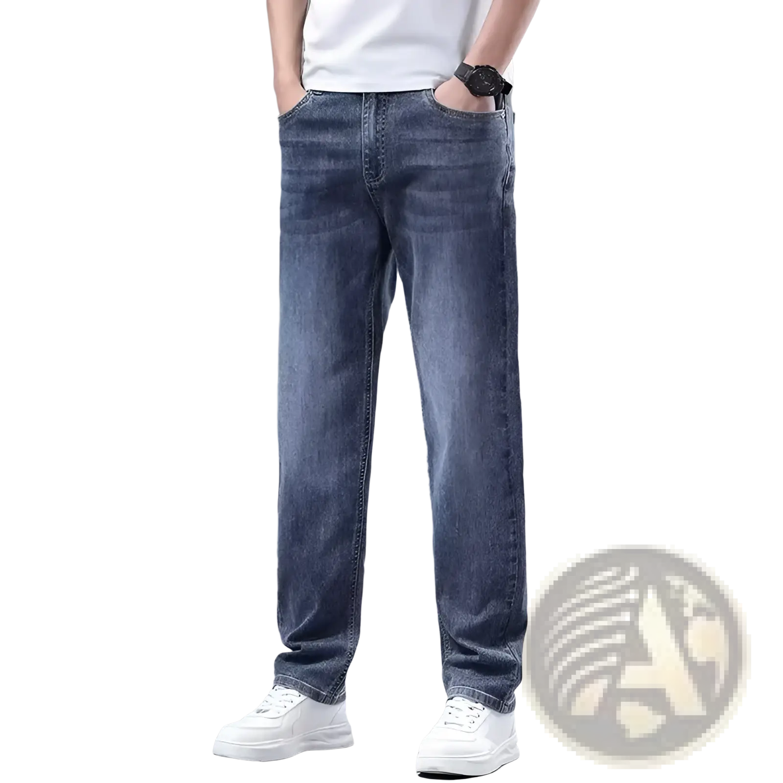 Men Fleece Lined Winter Jeans Loose Straight Denim Pants