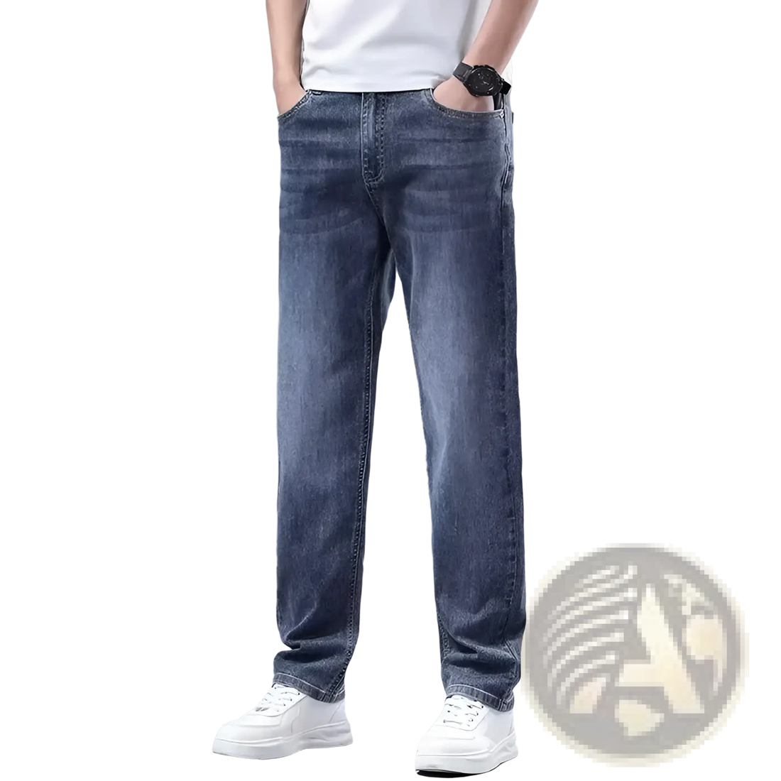 Men Fleece Lined Winter Jeans Loose Straight Denim Pants