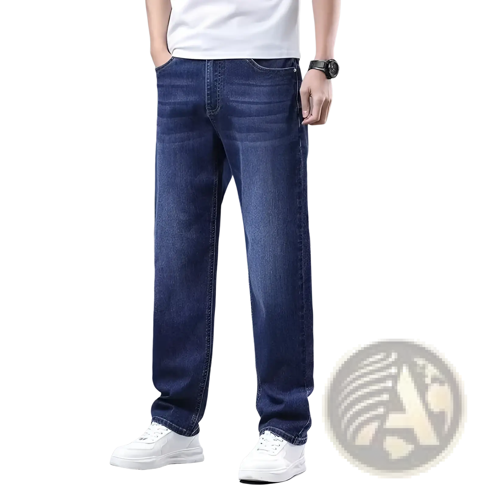 Men Fleece Lined Winter Jeans Loose Straight Denim Pants