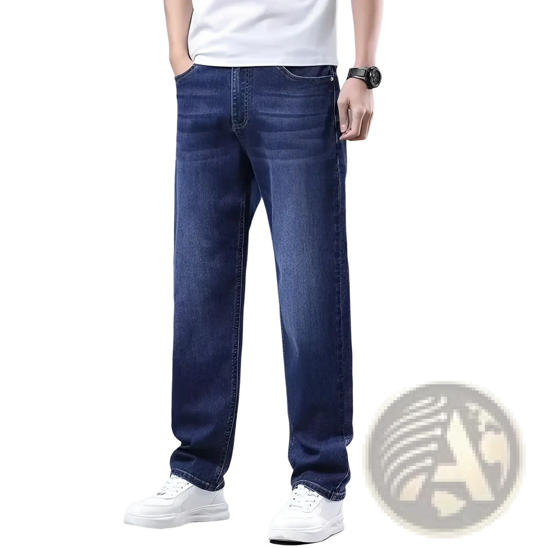 Men Fleece Lined Winter Jeans Loose Straight Denim Pants