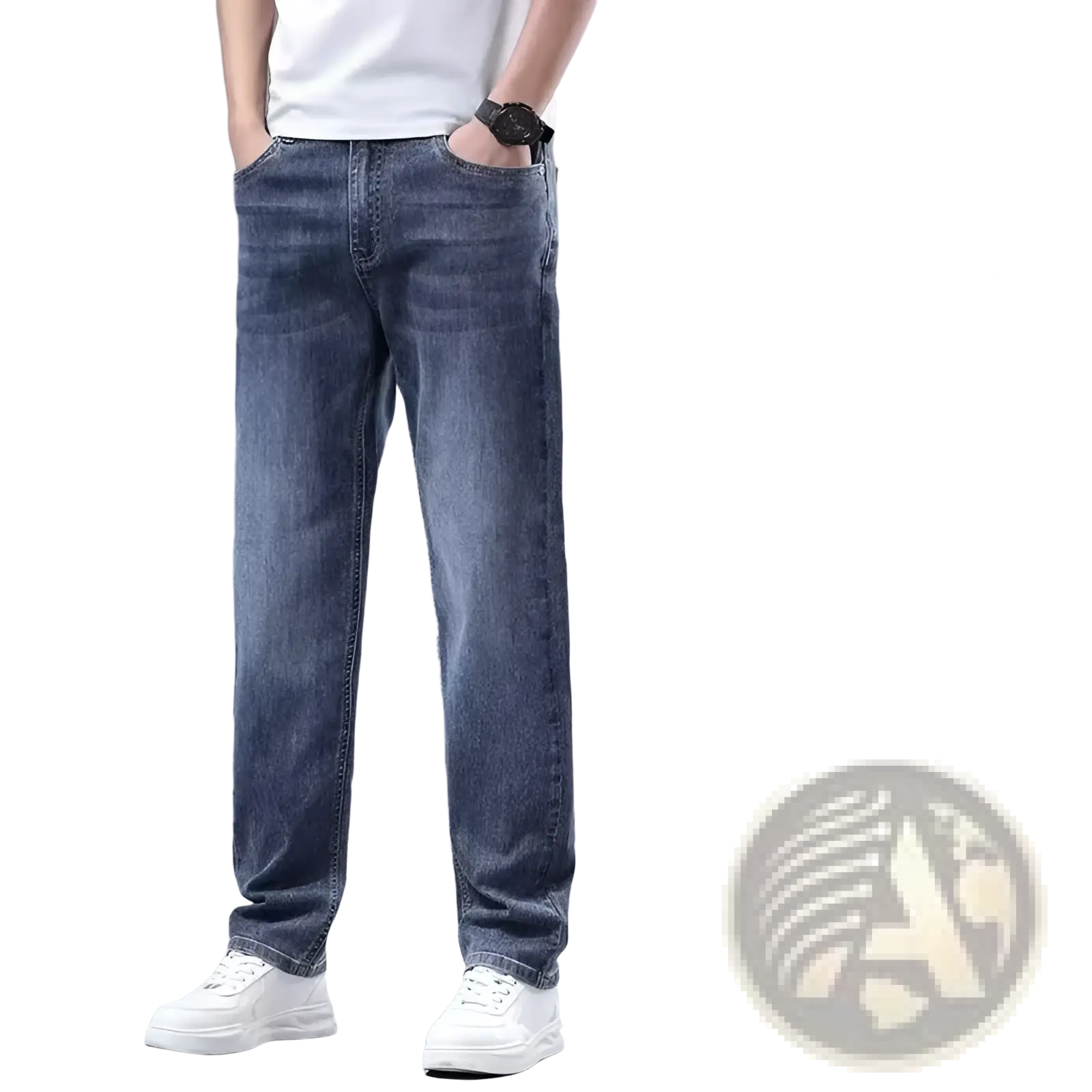 Men Fleece Lined Winter Jeans Loose Straight Denim Pants