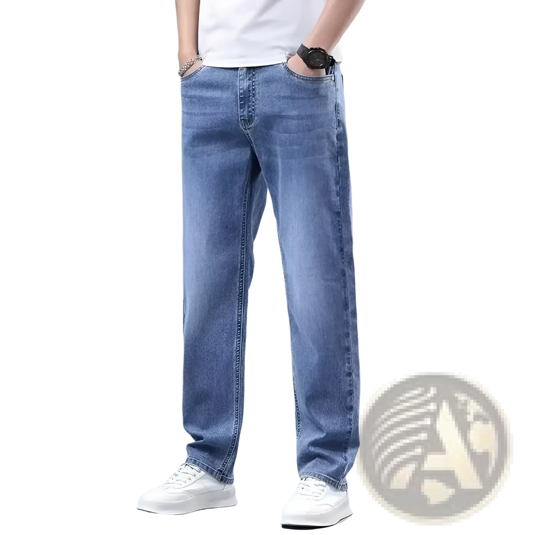 Men Fleece Lined Winter Jeans Loose Straight Denim Pants