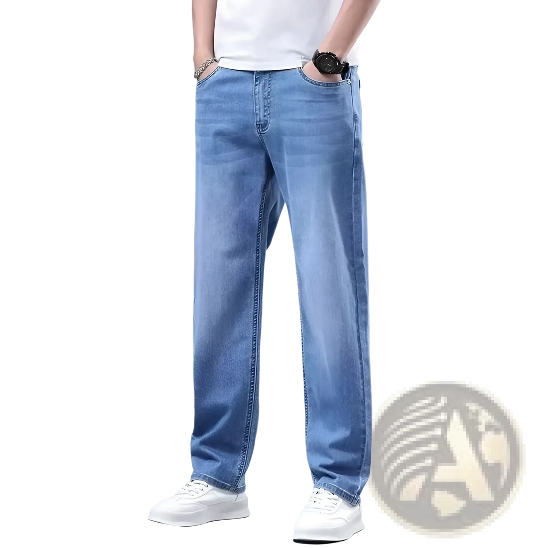 Men Fleece Lined Winter Jeans Loose Straight Denim Pants