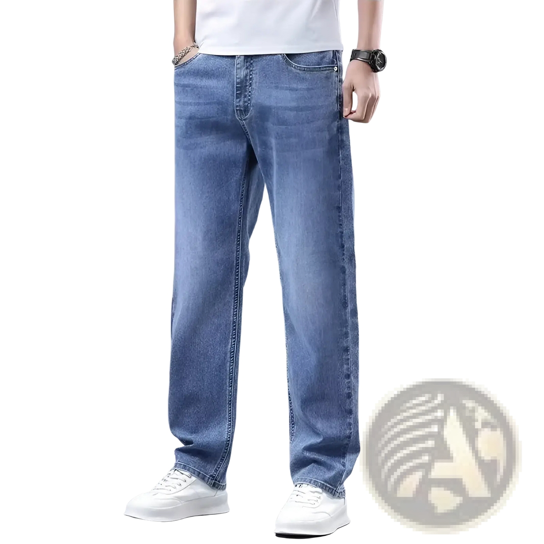 Men Fleece Lined Winter Jeans Loose Straight Denim Pants
