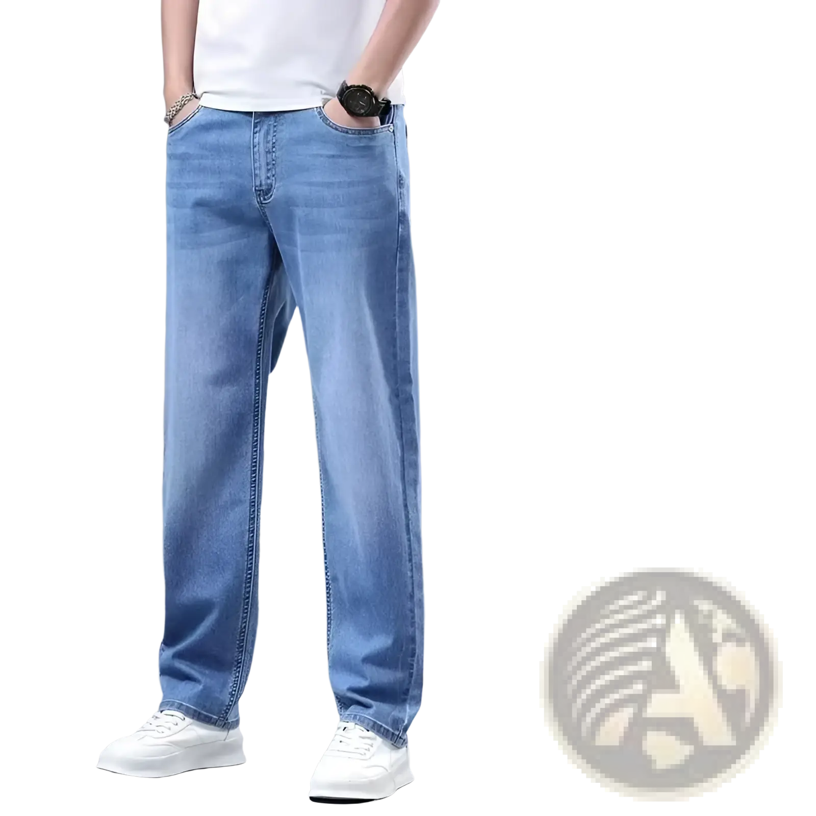 Men Fleece Lined Winter Jeans Loose Straight Denim Pants